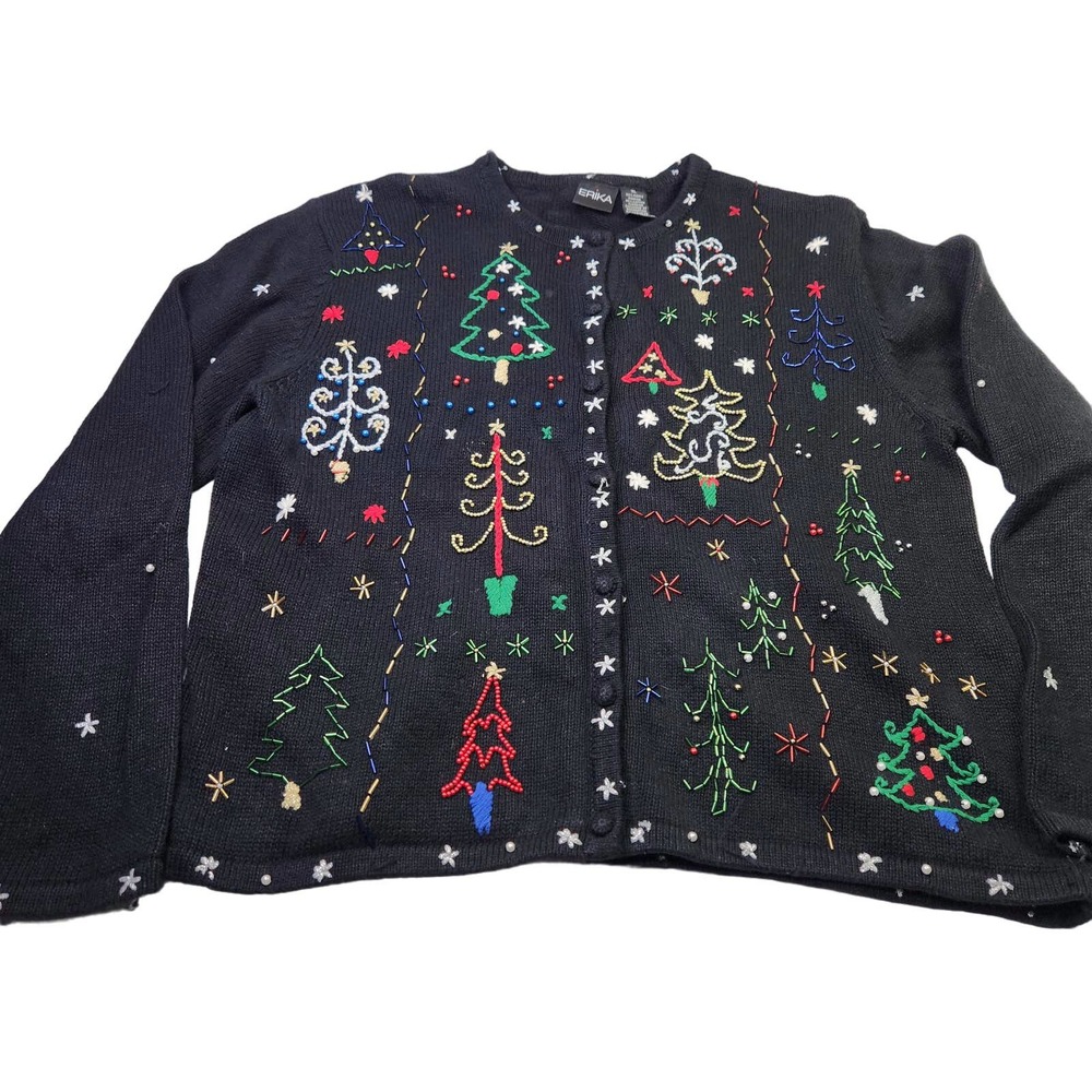 Erika Women's Beaded Christmas Tree Holiday Long Sleeve Cardigan Sweater Size XL